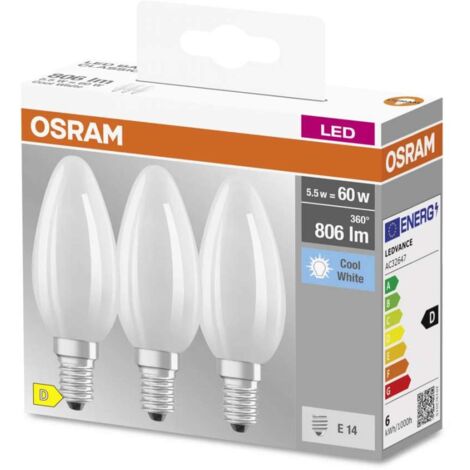 OSRAM LED-Lampe, a Candela, E14, 5.5 Watt, Bianco, Kalt Weiß, 4000 Kelvin, Confezione Da 3 Pz.
