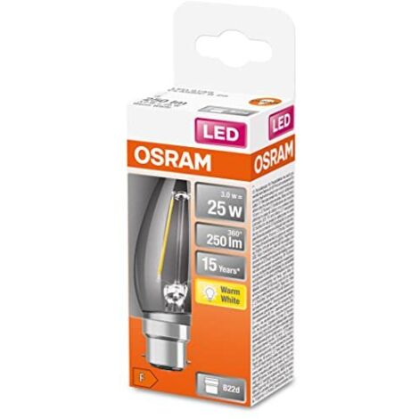 OSRAM LED Star Classic B25, lampada LED a filamento chiaro a forma di candela, base B22d, bianco caldo (2700K), sostituzione di lampadine convenzionali da 25W, confezione da 1
