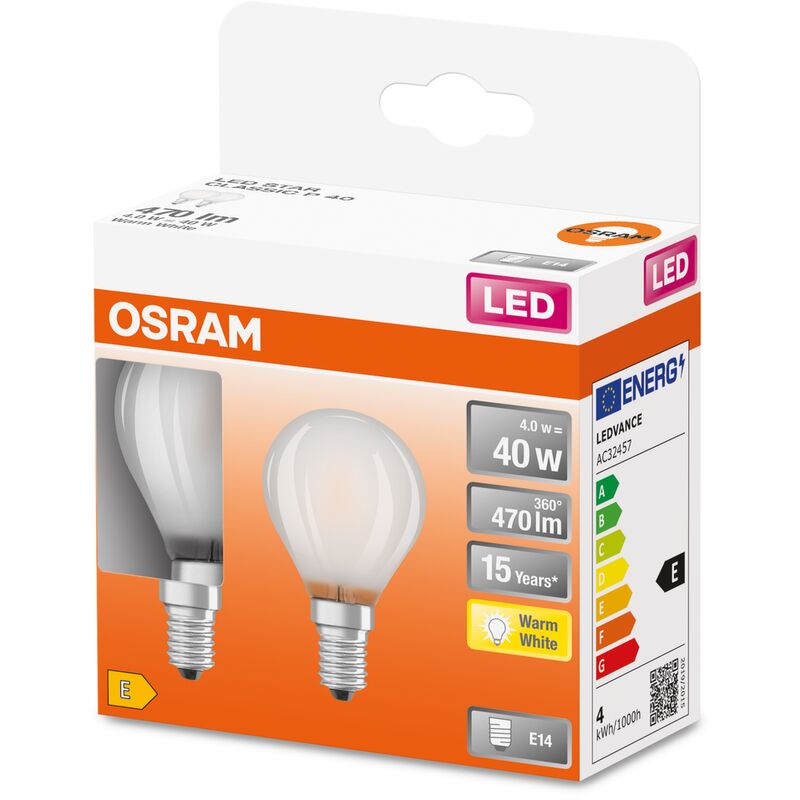 

LED Star Classic P 40 FS - Filamento blanco cálido, E14, forma de gota, 2 unidades - Osram