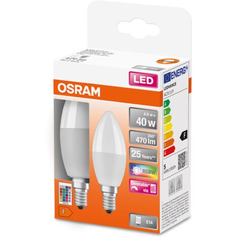 OSRAM LED STAR+ RGBW lampada LED smerigliata per base E14, i colori RGBW possono essere cambiati dal telecomando, forma di candela, sostituzione di lampadine convenzionali 40W, confezione doppia