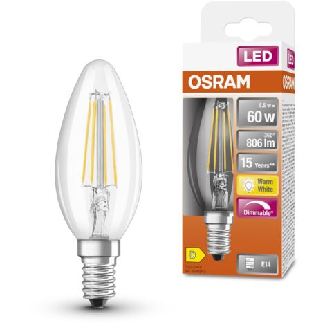 OSRAM LED Superstar Classic B60 LED Dimmibile LED per base E14, forma delle candele, FIL, 806 lumen, bianco caldo, 2700k, sostituzione per lampadine da 60 W convenzionali, 1 pacco