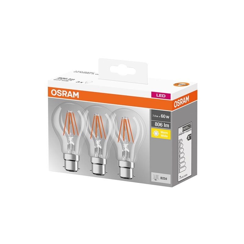 Ampoule led standard claire filament 7W B22 chaud bte 3 - Osram