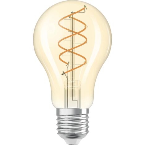 OSRAM Vintage 1906 Classic is a warm white, dimmable piston-shaped LED bulb with a spiral filament. It offers 8 W for 806 lm, E27 socket, gold-coloured glass, 60 mm diameter, 2,200 K.