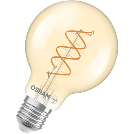 OSRAM Vintage 1906 Globe est une blanc chaud et dimmaben forme de bouavec un filament en spirale. Il offre 8 W pour 806 lm,E27, verre doré, diamètre 80 mm, 2200 K, EEK F.