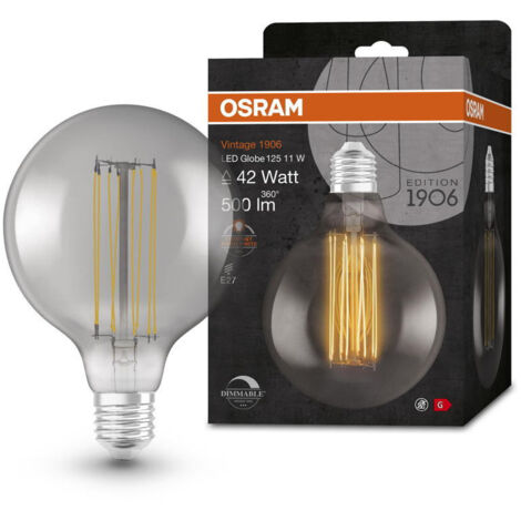 OSRAM Vintage 1906 LED-Lampe mit Smoke-Tönung, 11W, 500lm, Kugel-Form mit 125mm Durchmesser & E27-Sockel, warmweiße Lichtfarbe, gerades Filament, dimmbar, bis zu 15.000 Stunden Lebensdauer