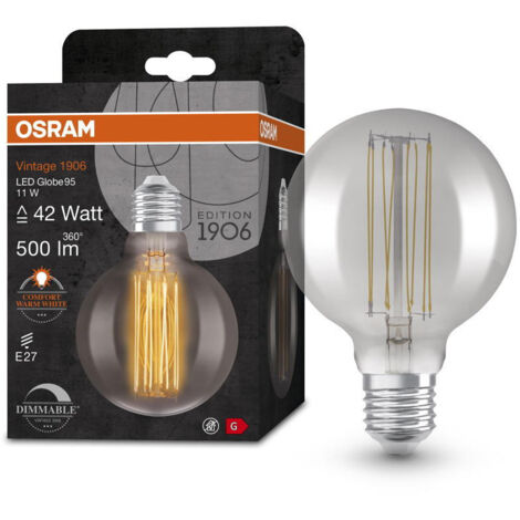OSRAM Vintage 1906 LED-Lampe mit Smoke-Tönung, 11W, 500lm, Kugel-Form mit 95mm Durchmesser & E27-Sockel, warmweiße Lichtfarbe, gerades Filament, dimmbar, bis zu 15.000 Stunden Lebensdauer