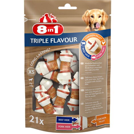 Ossa Triple Flavour taglia XS con triplo gusto pollo, manzo e maiale - OFFERTA RISPARMIO 4 confezioni da 21 osso cad