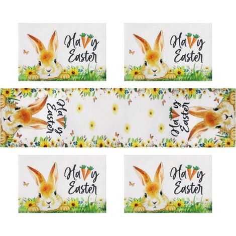 Ostern Tischläufer mit 4 Tischsets, Hase Karotten Polyester Tischdekoration für Ostern Party Küche Esszimmer Ferienhaus Tisch Decor, 30 x 180 cm/12" x 71"