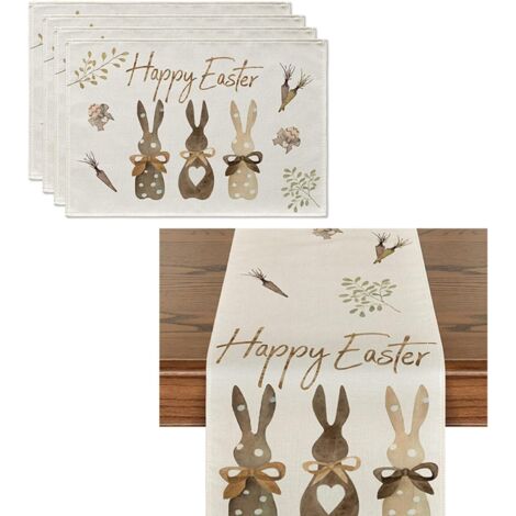 Ostern Tischläufer Und Tischsets Set, Frühling Tischdecke Platzsets Abwischbar Tisch Platzdeckchen, rutschfest Ostern Kaninchen Tischdecke Aus Leinen Für Frühling Küche Esstisch Dekoration (Stil C)