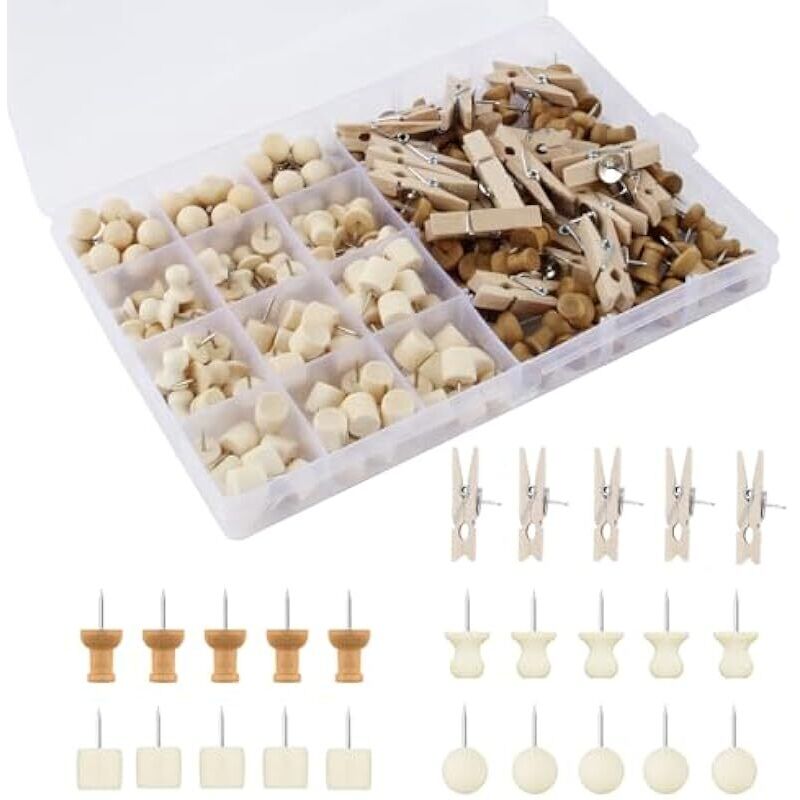 ot de 200 Punaises en Bois - 5 Styles - Mini Punaises avec Boîte - pour Travaux Manuels, Panneau de Liège, Photos, Posters