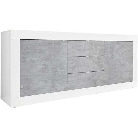 OTELLO - Buffet 2 Portes 3 Tiroirs Finition Blanc Laqué et Aspect Béton