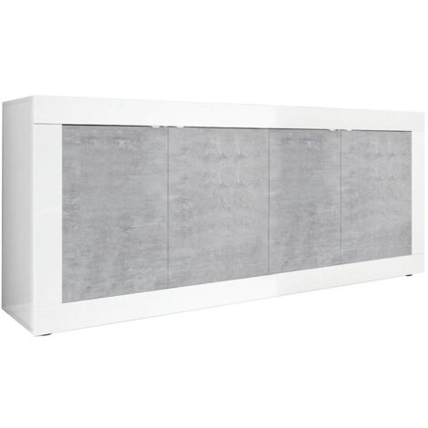 OTELLO - Buffet 4 Portes Finition Blanc Laqué et Aspect Béton