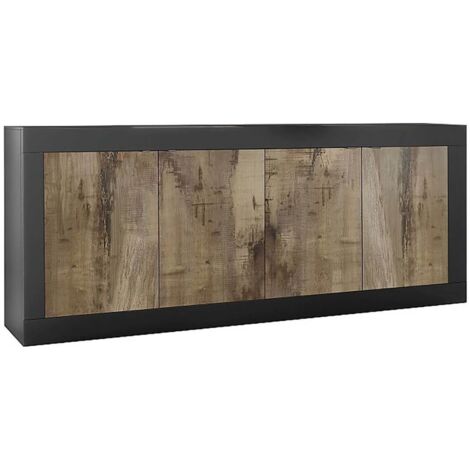 OTELLO - Buffet 4 Portes Finition Noir Mat et Aspect Bois Antik