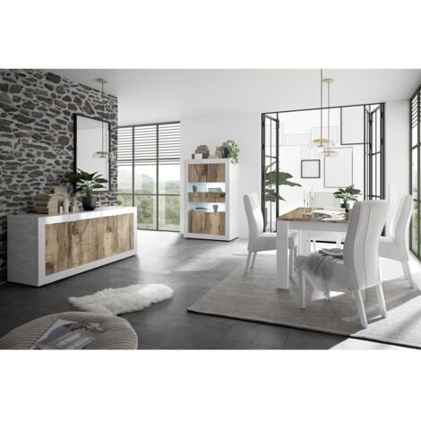 OTELLO - Ensemble Séjour avec Buffet 4 Portes Blanc Laqué et Aspect Bois Antik