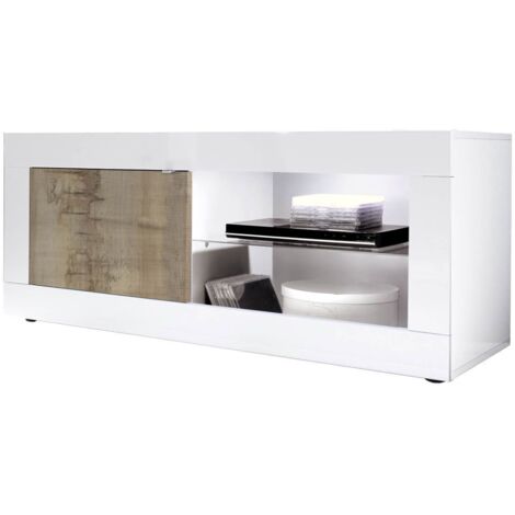 OTELLO - Meuble TV 1 Portes 2 Niches Blanc Laqué et Aspect Bois Antik avec Leds
