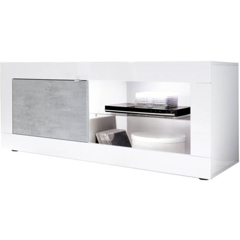 OTELLO - Meuble TV 1 Portes 2 Niches Finition Blanc Laqué et Aspect Béton avec Leds