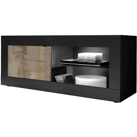 OTELLO - Meuble TV 1 Portes 2 Niches Noir Mat et Aspect Bois Antik avec Leds
