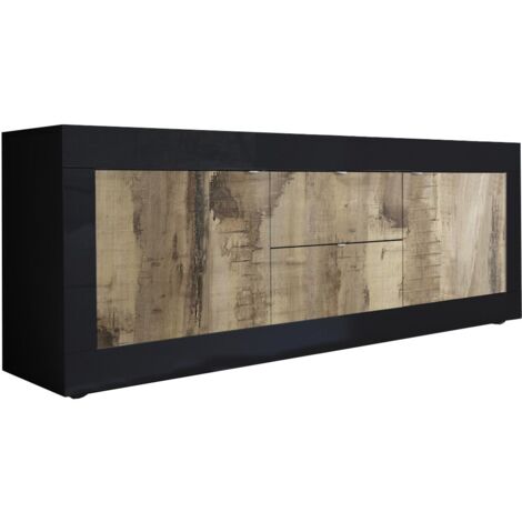 OTELLO - Meuble TV 2 Portes 2 Tiroirs Finition Noir Mat et Aspect Bois Antik