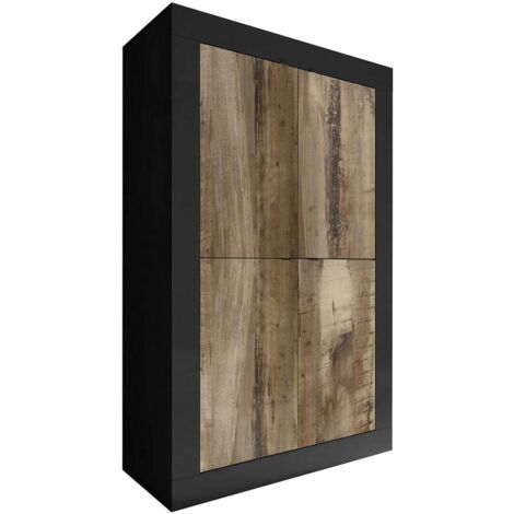 OTELLO - Rangement 4 Portes Finition Noir Mat et Aspect Bois Antik