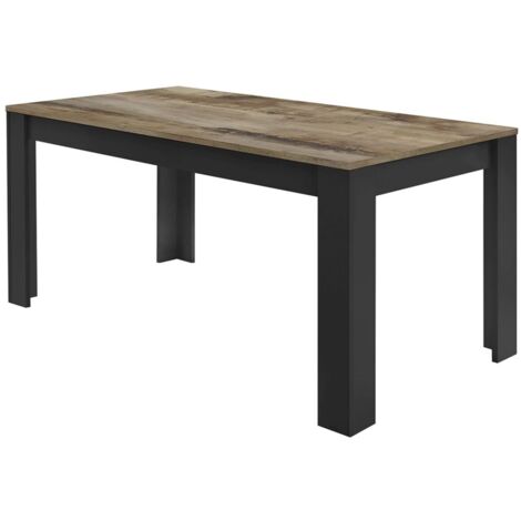 OTELLO - Table Repas 180cm Noir Mat Plateau Aspect Bois Antik