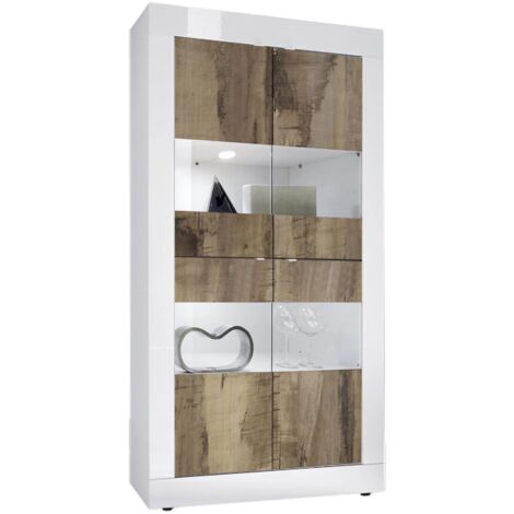 OTELLO - Vitrine 4 Portes Finition Blanc Laqué et Aspect Bois Antik avec Leds