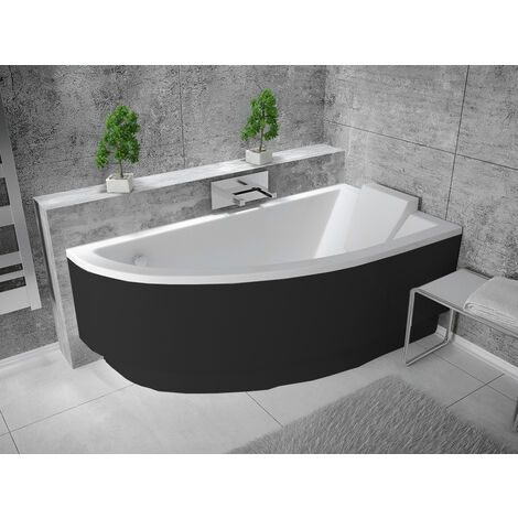 Otitec – Baignoire d'angle acrylique blanche 150 x 70 cm – Tablier noir inclus – Antidérapante et antibactérienne – Renforcement fibre de verre