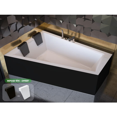 Otitec – Baignoire d'angle asymétrique 180 x 125 cm en acrylique renforcé – Tablier noir et repose-tête – Isolation thermique et antibactérienne
