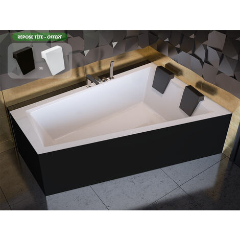Otitec – Baignoire d'angle asymétrique 180x125cm en acrylique – Tablier noir et repose-tête inclus – Antidérapante et antibactérienne