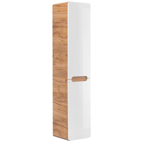 Otitec – Colonne de salle de bain avec panier à linge – Chêne artisanal doré et blanc brillant – 3 compartiments de rangement – L35-H170-P35