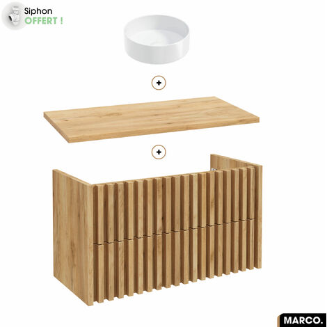 Otitec – Ensemble meuble sous vasque avec vasque à poser – Siphon offert – Bois FSC – 100 x 56 x 45 cm – 2 tiroirs à fermeture progressive - OAK 100 X