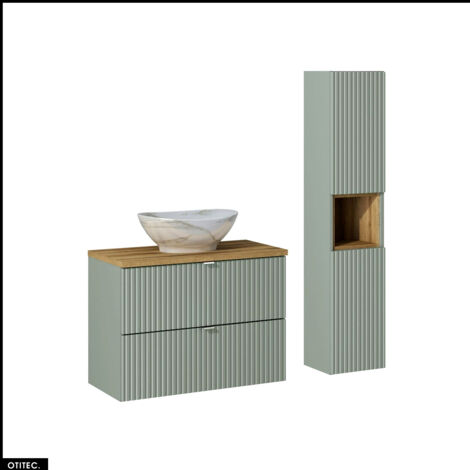 Otitec – Meuble sous vasque 80 cm – Panneau stratifié et MDF – Résistant à l'humidité – Colonne et cube de rangement inclus