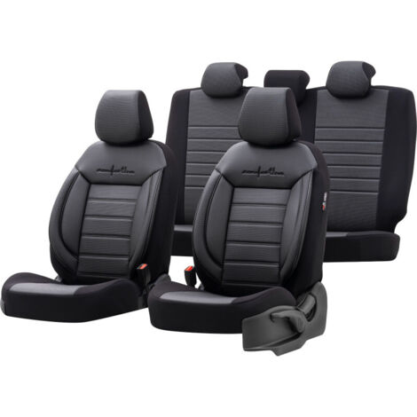 Комплект Луксозна Тапицерия OTOM текстил с еко кожа COMFORT LINE Design – Черна с черен шев, за Предни и Задни Седалки