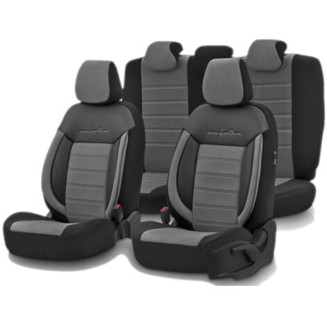 Комплект Луксозна Тапицерия OTOM текстил с еко кожа COMFORT LINE Design – Сиво-Черна със сив шев, за Предни и Задни Седа