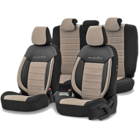 Комплект Луксозна Тапицерия OTOM текстил с еко кожа COMFORT LINE Design – Бежово-Черна с бежов шев, за Предни и Задни Се