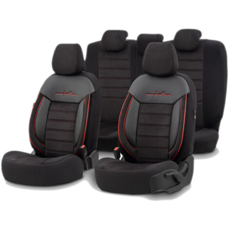 Комплект Луксозна Тапицерия OTOM текстил с еко кожа COMFORT LINE Design – Черна с червен шев, за Предни и Задни Седалки