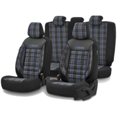 Комплект Луксозна Тапицерия OTOM текстил с еко кожа GTI SPORTS Design – Черна със син шев, за Предни и Задни Седалки