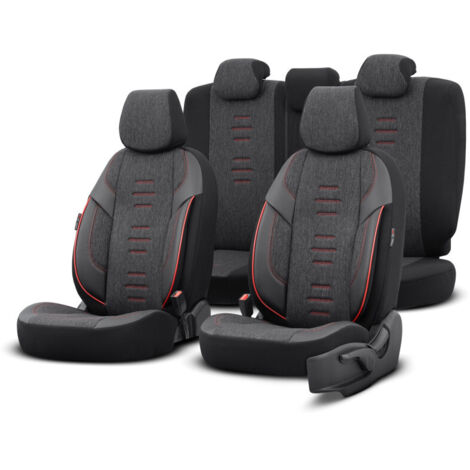 Комплект Луксозна Тапицерия OTOM текстил с еко кожа THRONE Design – Черна с червен шев, за Предни и Задни Седалки