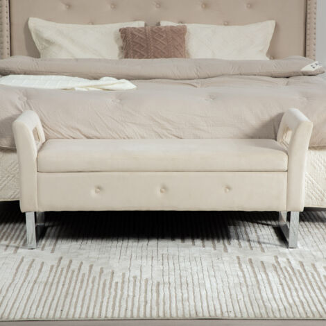 Otomana de almacenamiento de terciopelo beige con reposabrazos, práctico asiento adicional para sala de estar, entrada, dormitorio