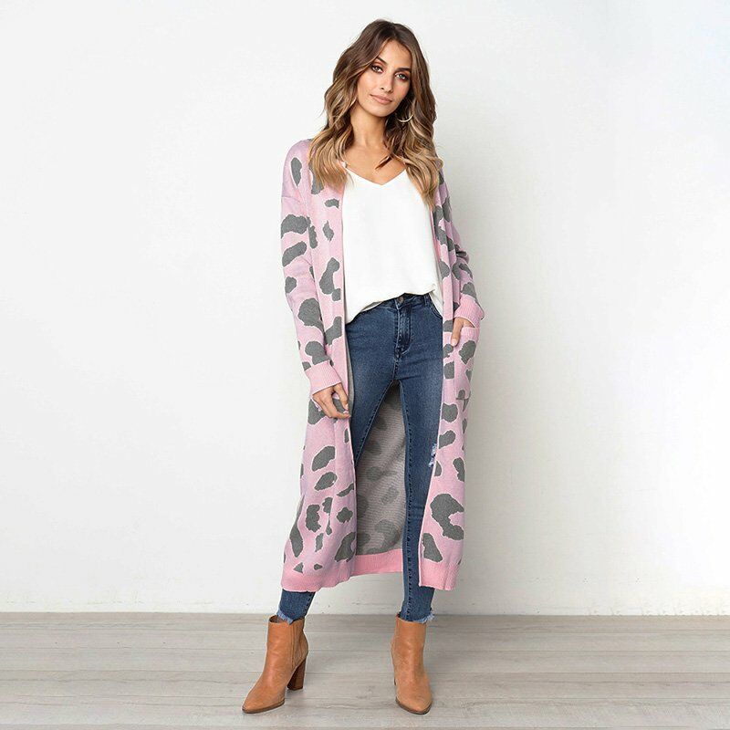 

Otono Mujer Cardigan de punto largo Sueter Estampado de leopardo Manga larga Bolsillo Prendas de punto Ropa de abrigo de invierno Jersey,Rosa, M