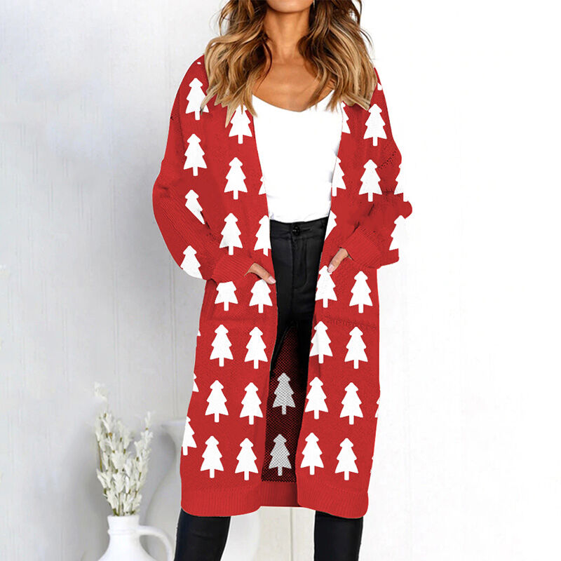 

Otono Mujer Cardigan de punto largo Sueter Estampado de leopardo Manga larga Bolsillo Prendas de punto Ropa de abrigo de invierno Jersey,Rojo2, L