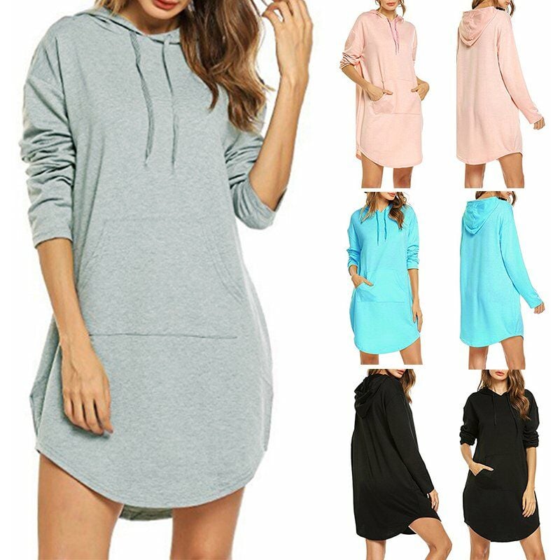 

Otono Mujer Sudaderas con capucha sueltas Vestido Manga larga Bolsillo Solido Sudadera informal Vestidos con capucha, Rosa, XXXL