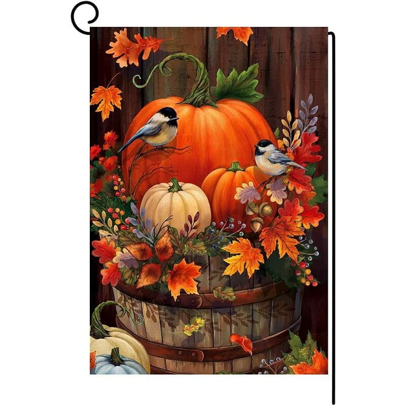 

Otoño Acción de Gracias Calabaza Pequeña bandera de jardín Vertical de doble cara Otoño Acuarela Pájaro Arpillera Decoración de patio al aire libre