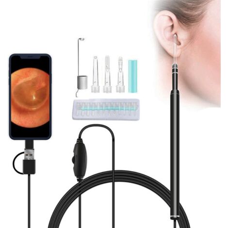 Otoscope Oreille, Endoscope Oreille HD Visuelle Caméra avec 6 LED Lumière Gradable, Adultes Enfants Animaux Nettoyage Oreille Kit pour Android, Tablette et PC