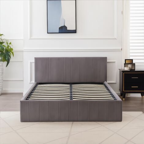 Ottoman Bed Gas Lift Storage Grey 4ft Small Double Line Pattern Velvet Bedroom