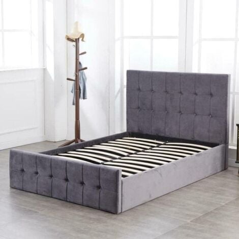 Ottoman Bed Gas Lift Storage Grey 4ft6 Double Cushioned Velvet Bedroom