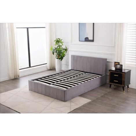 Ottoman Bed Gas Lift Storage Grey 4ft6 Double Line Pattern Velvet Bedroom