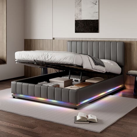 ABRIHOME Ottoman Bed with LED Lighting, PU Leather Upholstered Bed with Hydraulic Storage, Double Bed Frame, Grey (No Mattress)