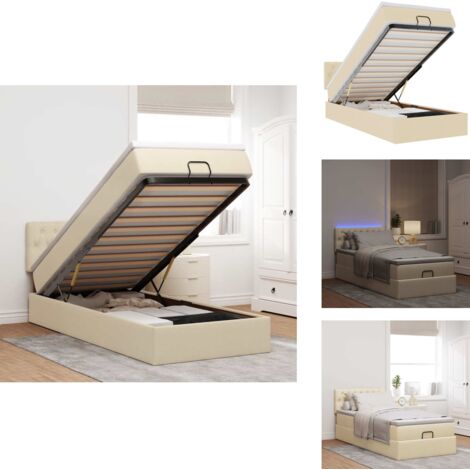Ottoman-Bett mit Matratze & LEDs Creme 100x200 cm Stoff - Ottoman-Bett - Ottoman-Betten - Bett Mit Stauraum - Polsterbett
