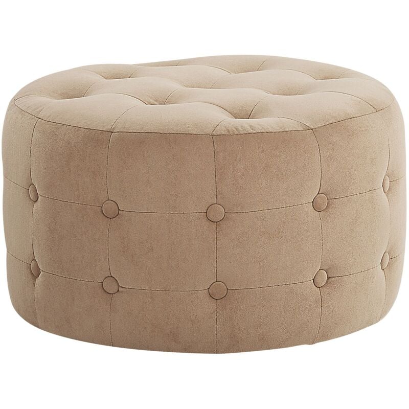 Pouf de Type Ottoman de Forme Ronde Clouté Style Chesterfield en Velours Synthétique Beige Sable de 30 cm de Hauteur Beliani