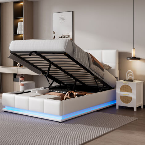 Ottoman Lift Storage Bed with LED Lighting, 4ft6 Double Size Bed Frame, for Bedroom Furniture, PU Faux Leather Upholstered Bed Frame(Without Mattress, White)